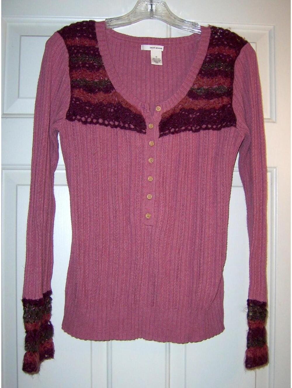 Vintage Y2K-era DKNY Jeans Ribbed Knit Henley Top - Medium